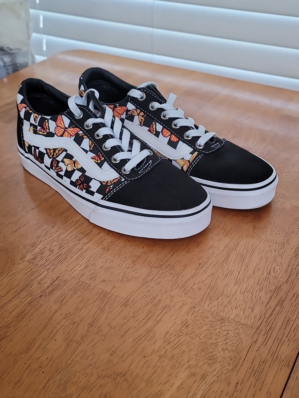 Vans ☆ Old Skool Sneakers - Black/White Checkers w/ Orange Butterflies